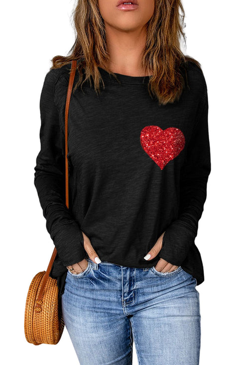 Black Heart Shape Glitter Pattern Print Long Sleeve Top